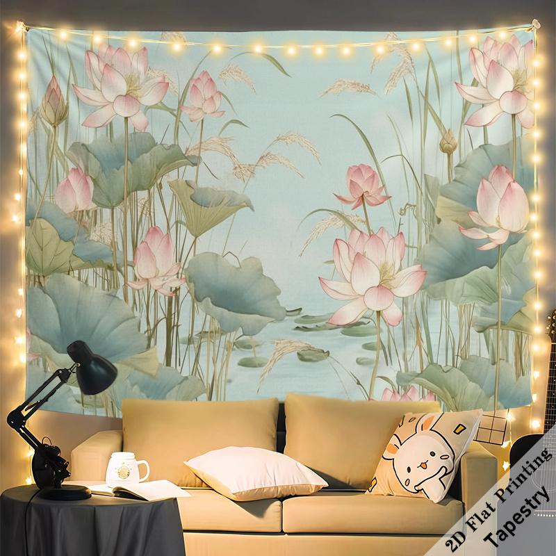 Bohemian Lotus Flower Tapestry Wall Hanging Pond Nature Decor Tropical Watercolor Art for Living Room Boho Bedroom Accent