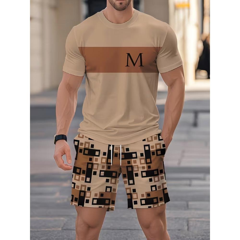 Summer Men's 3D Printed Casual Sports Loose Fashionable Comfortable Round Neck Short Sleeved Shorts Set Letter Stripe Pattern Sports Wear