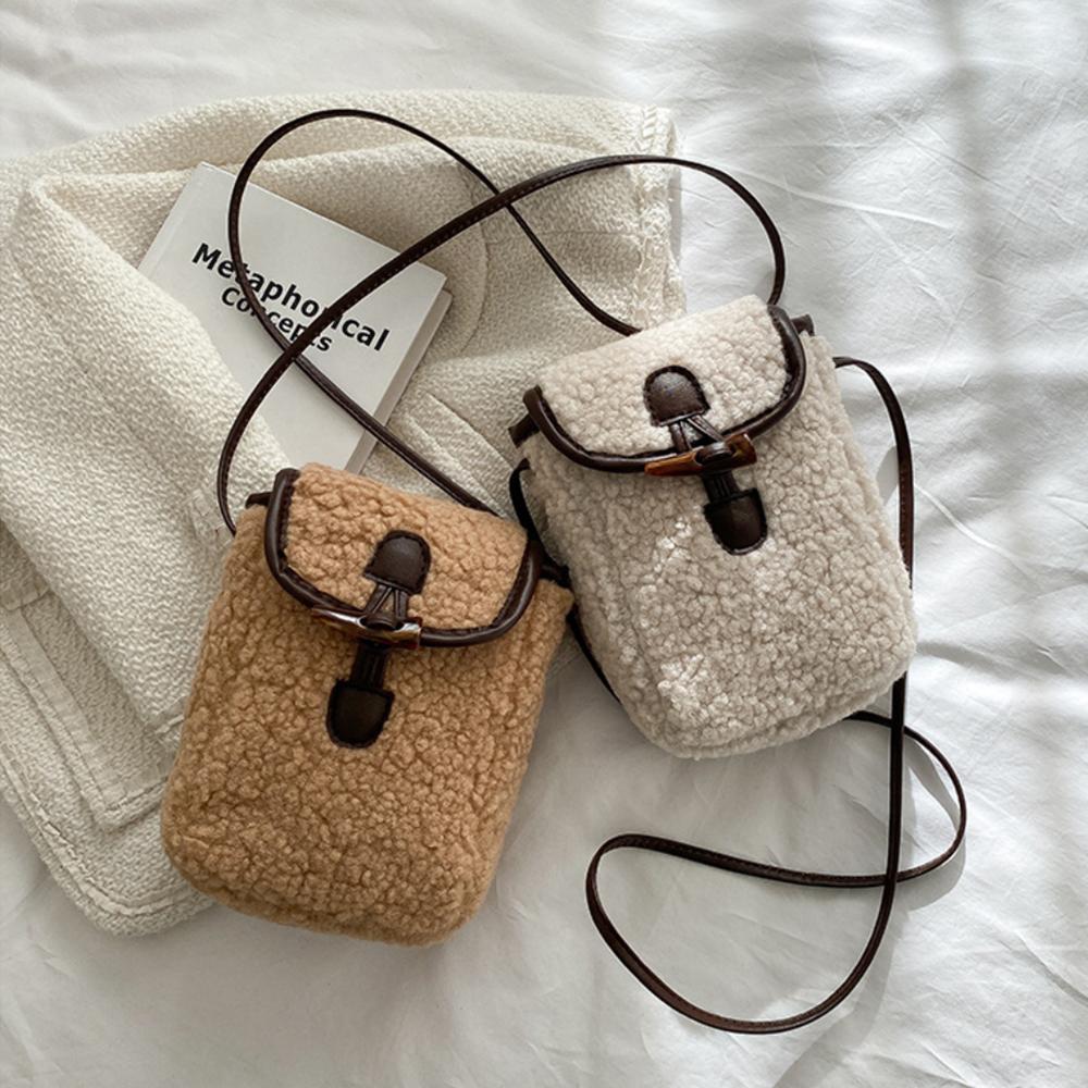 Lamb Plush Crossbody Bag for Women Faux Fur Small Square Shoulder Bag Portable Lipstick Phone Purse