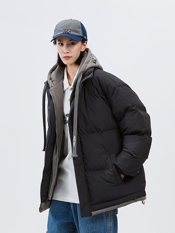 2025 Winter Faux Two-Piece Hooded Cotton Jacket - Unisex Warm, Trendy, Casual Bread Coat