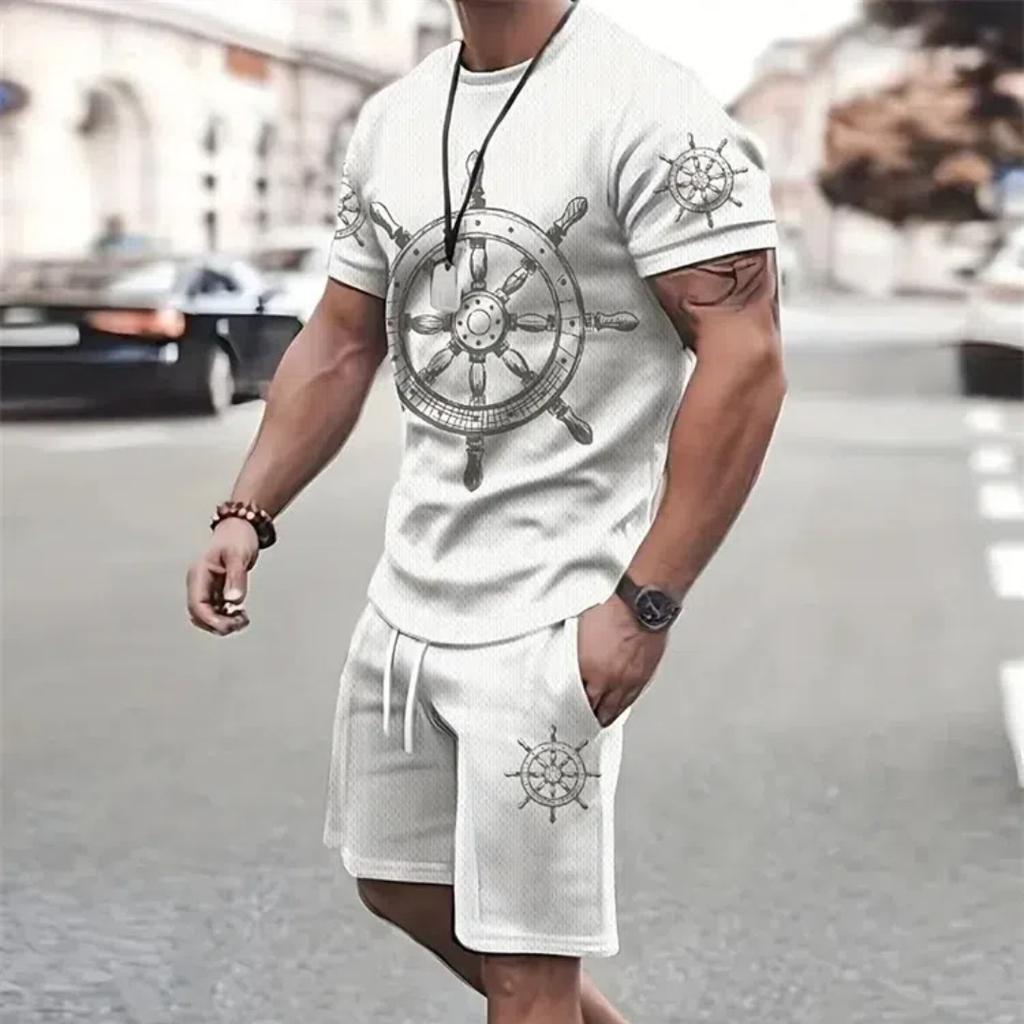 Letný módny set trička a šortiek Vysoký temperament Street Pánsky Pánsky 3D Krátky rukáv Voľný top Gradientný štýl s potlačou kokosu