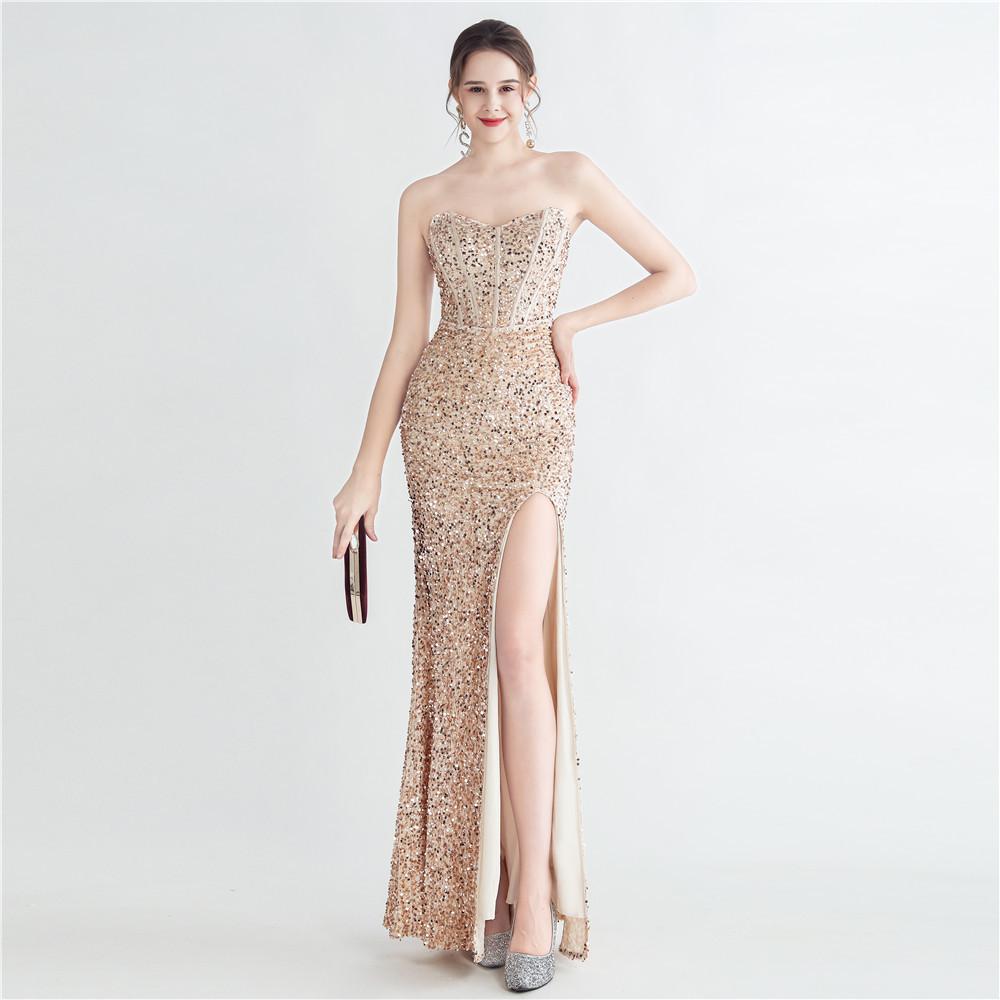 New Symphony Beads Back Strap Corset Corset Side Split Tube Top Fishbone Evening Dress