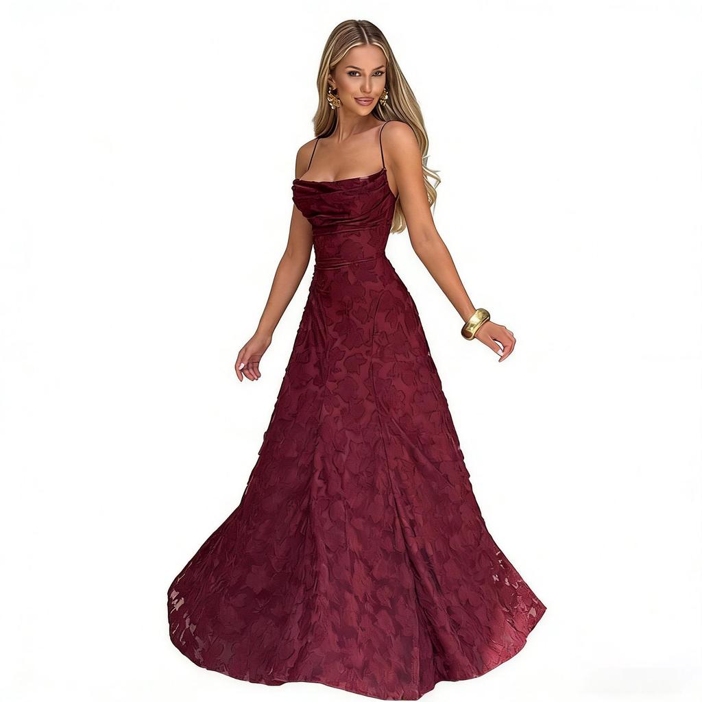 European & American Style Wine Red Spaghetti Strap Sexy Evening Gown for Women