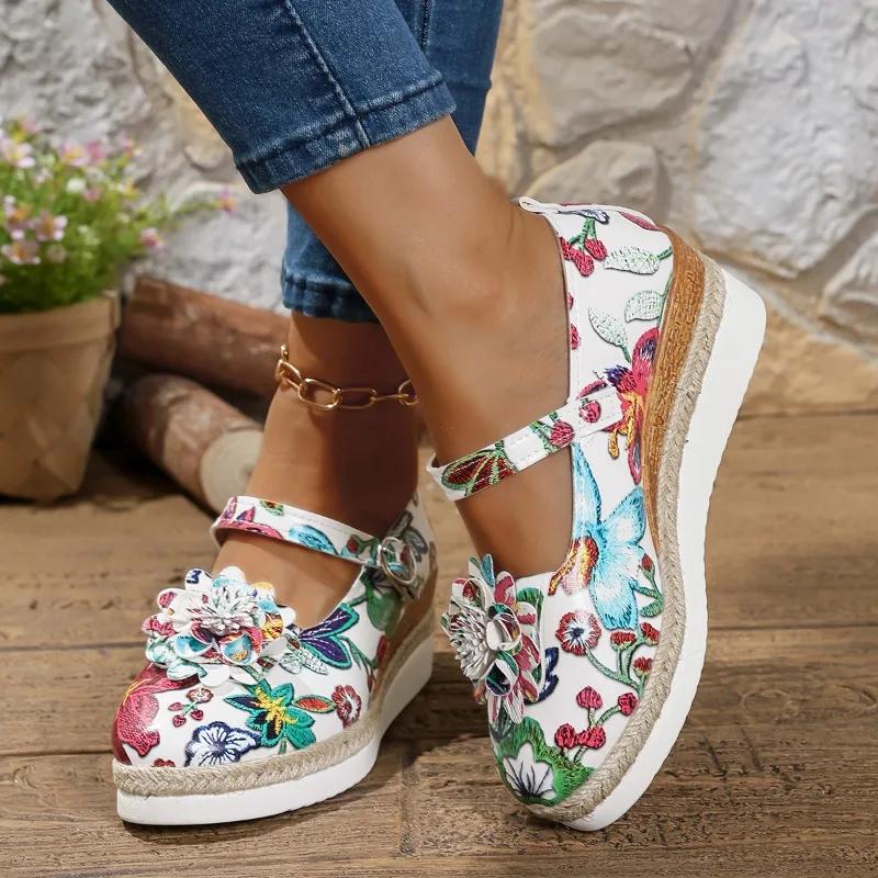 Fashion Mid Heel Wedges Pumps Spring/autumn Flowers Shoes Female 2025 High Quality Round Toe Buckle Strap Shallow Women's Shoes