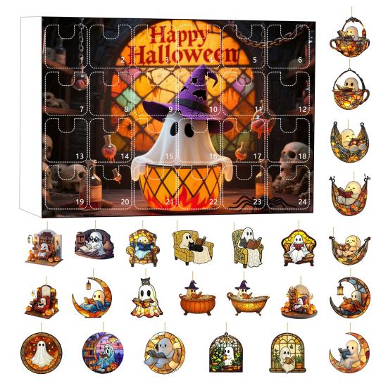 2025 Halloween 2D Ghost Reading Ornament Countdown Set 24 Days Advent Calendar Stained Glass Window Hanging Suncatchers for Home Decor