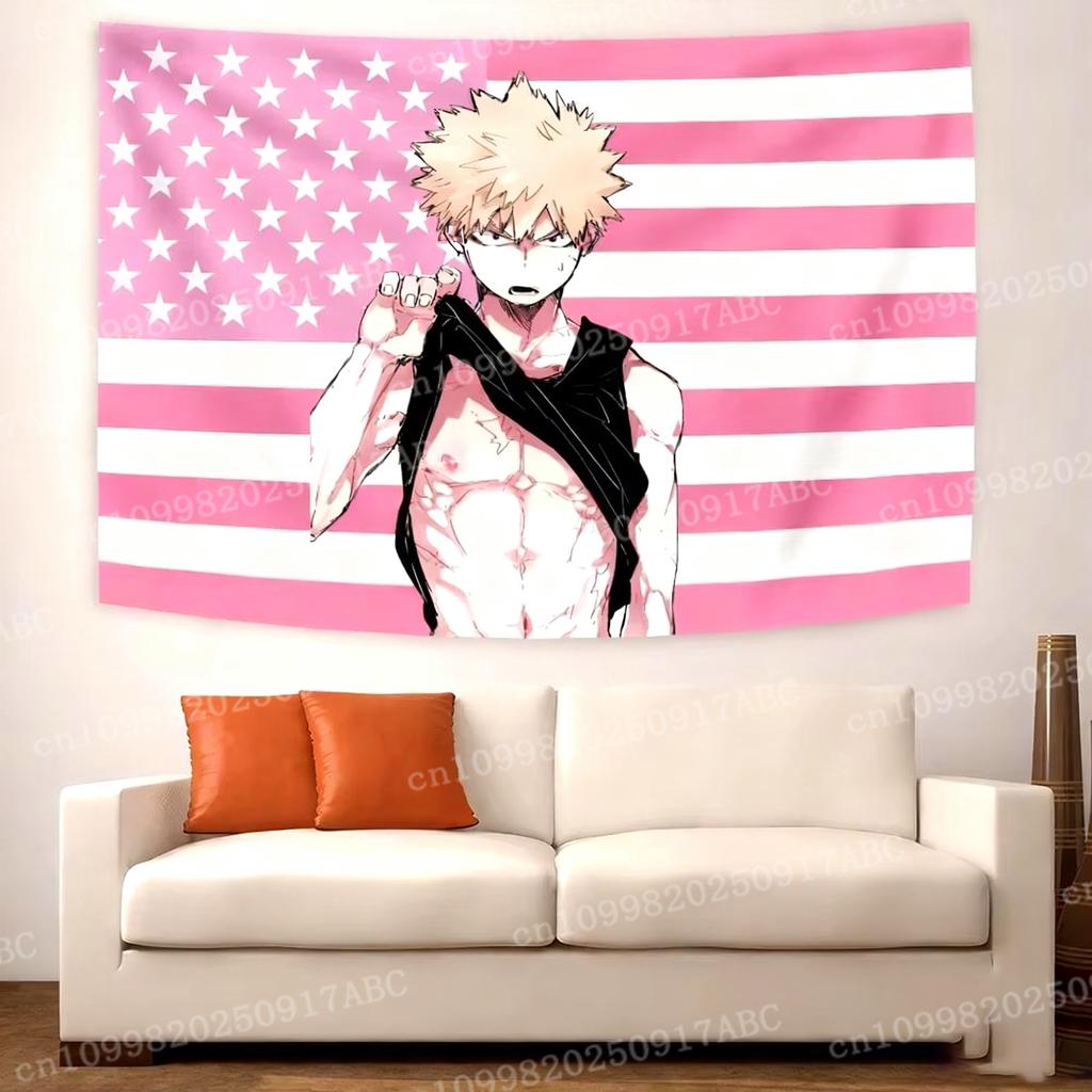 Katsuki Bakugo Tapestry  Pink US Flag Anime Wall Hanging Ideal for My Hero Academia Fans  Otaku Bedroom Decor