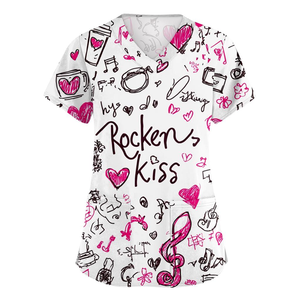 Women's V,neck Valentine's Day Printed Short,sleeved Pocket Side,slit Protective Suit Top