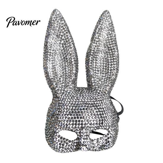 Nightclub Dance Mask Disco Mirror Rhinestone Rabbit Mask, Sparkly Glitter Bunny Face for Halloween Party, Shiny Reflective Ear Festive Cosplay