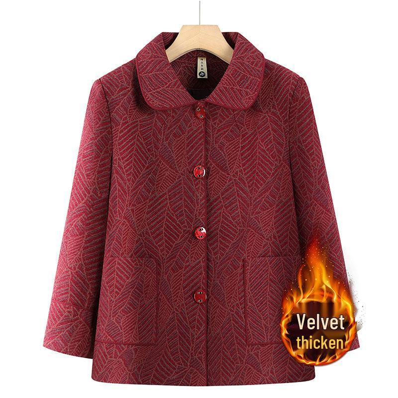 Women's Winter Velvet-Enhanced Lapel Jacket for Middle-Aged and Elderly: Grandma's Warm, Stylish Cotton Wear