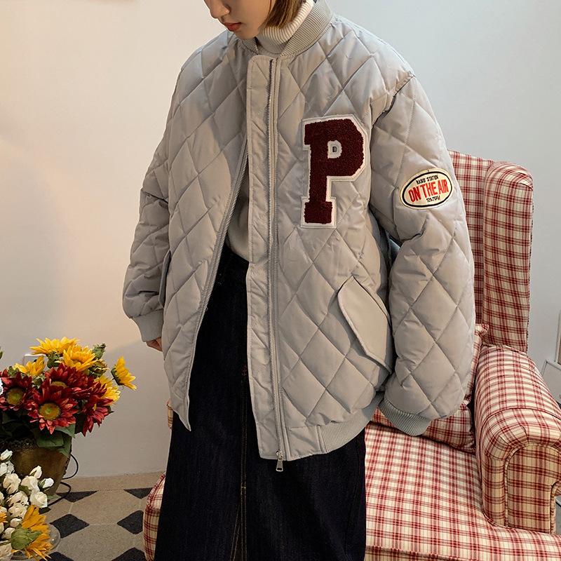 2025 New American Retro Down Padded Jacket Diamond Plaid Baseball Uniform Loose Jacket Women's Autumn and Winter Model