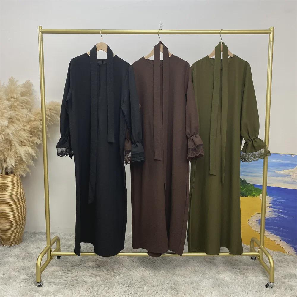 Dubai Hot Sale Lace Cuff Muslim Robe with Front Zipper and Side Pockets 6723