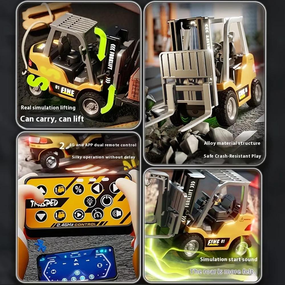 2.4G 1/64 App Remote Control Alloy Forklift Truck Mini Speed-Regulating Car With Music Led Lights Engineer Vehicle Desktop Toys
