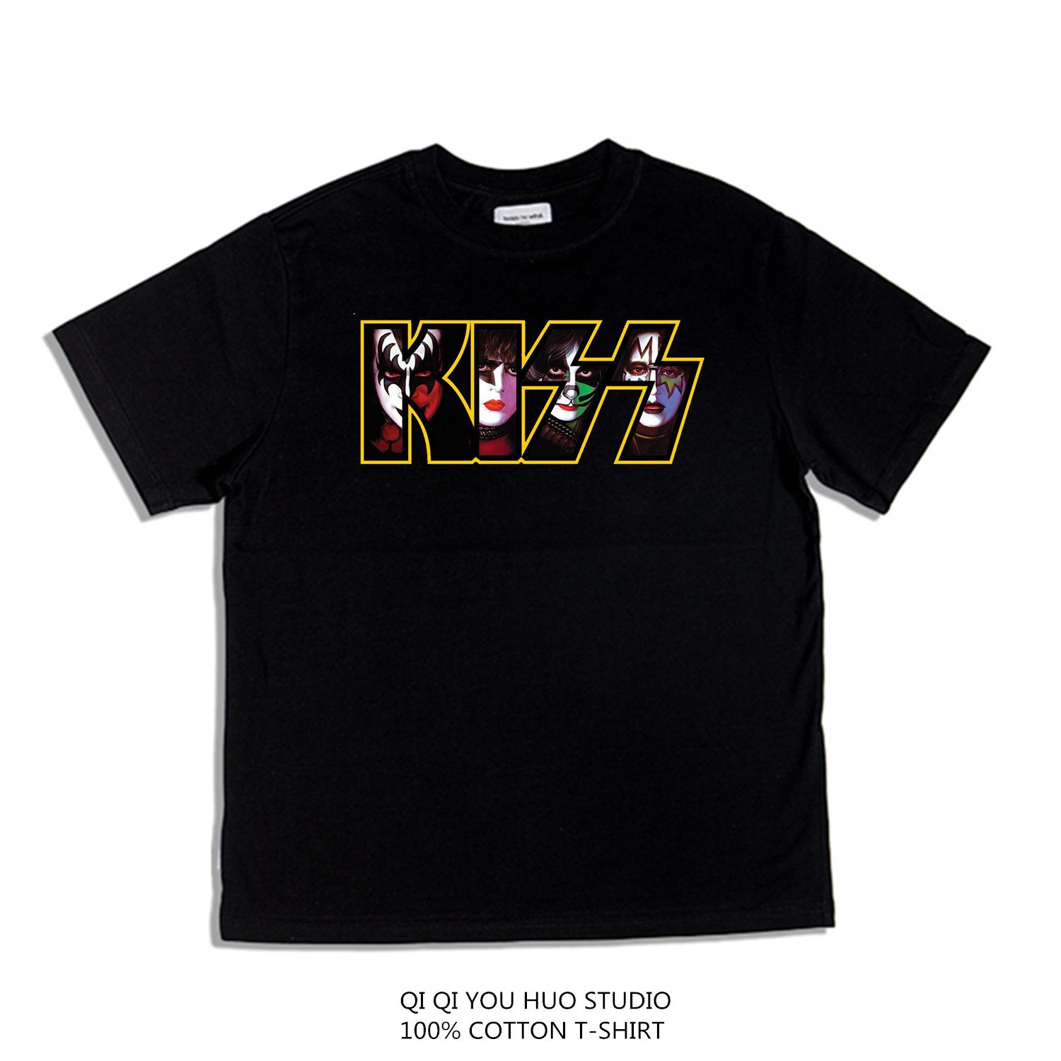 

Футболка Kiss Album из хлопка с принтом, свободная, мужская и женская, одинаковая, черно-белая, с круглым вырезом, европейская и американская XXXXL