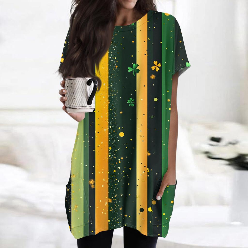 Damenmode Lässig Kurzarm Print Rundhals Doppelpocke T-Shirt Top