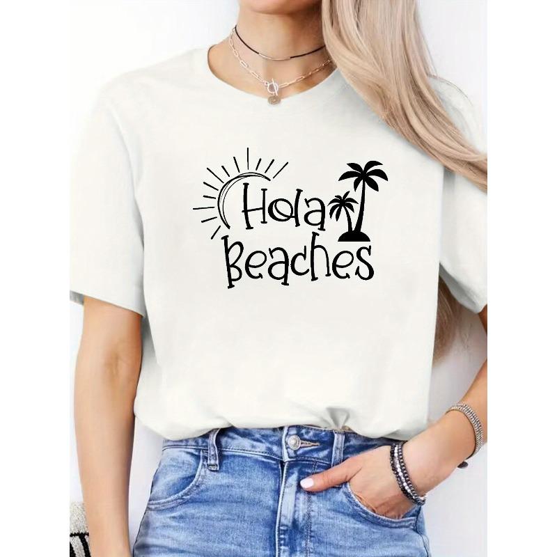 Spanish Letter Print Spring Summer Casual Round Neck Short Sleeve Sports T-Shirt Women's Top