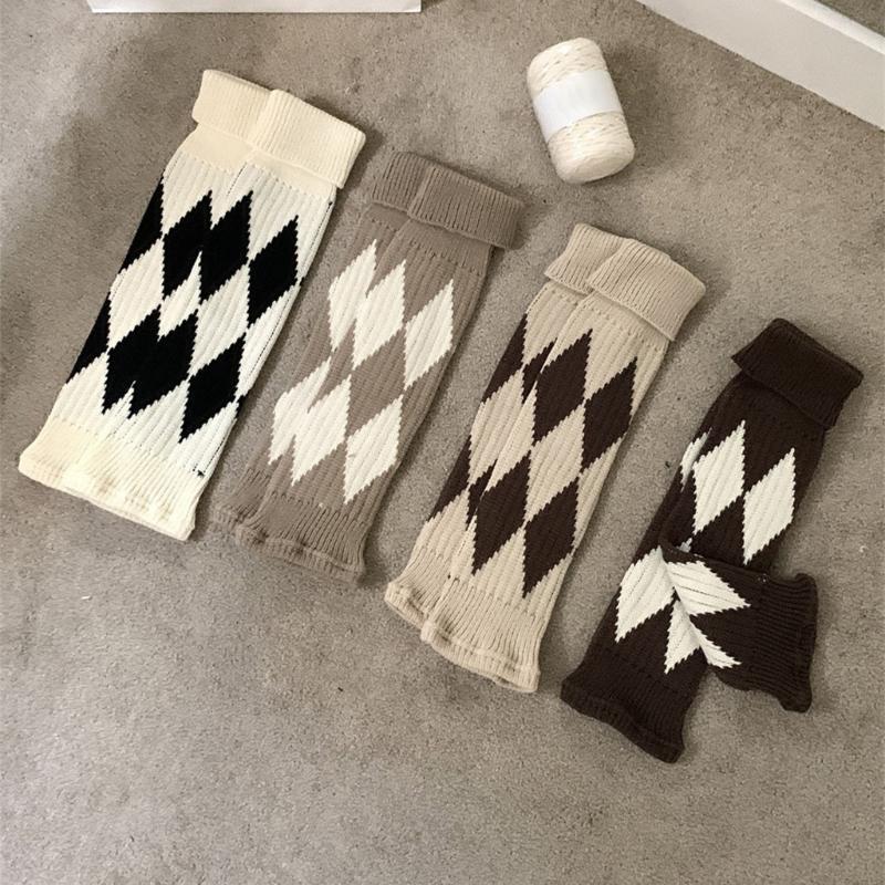 Argyle Pattern Wool Knitted Turn Cuffs Leg Warmers for Women and Students Cold Weather Foot Covers Footless Calf Socks
