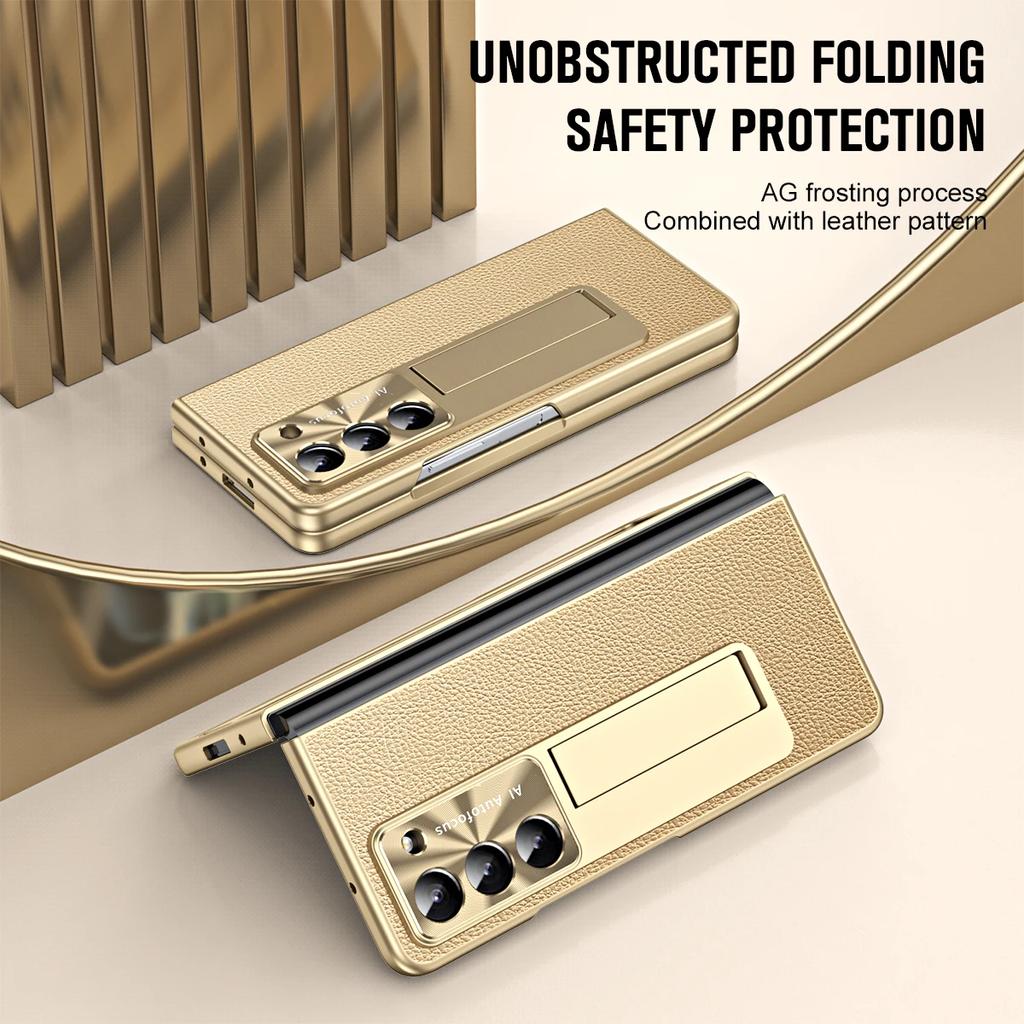 Plating Litchi PU Leather Glass Front Film with Pen Phone Case for Samsung Galaxy Z Fold 7 6 5 4 3 Hinge Protection Cover