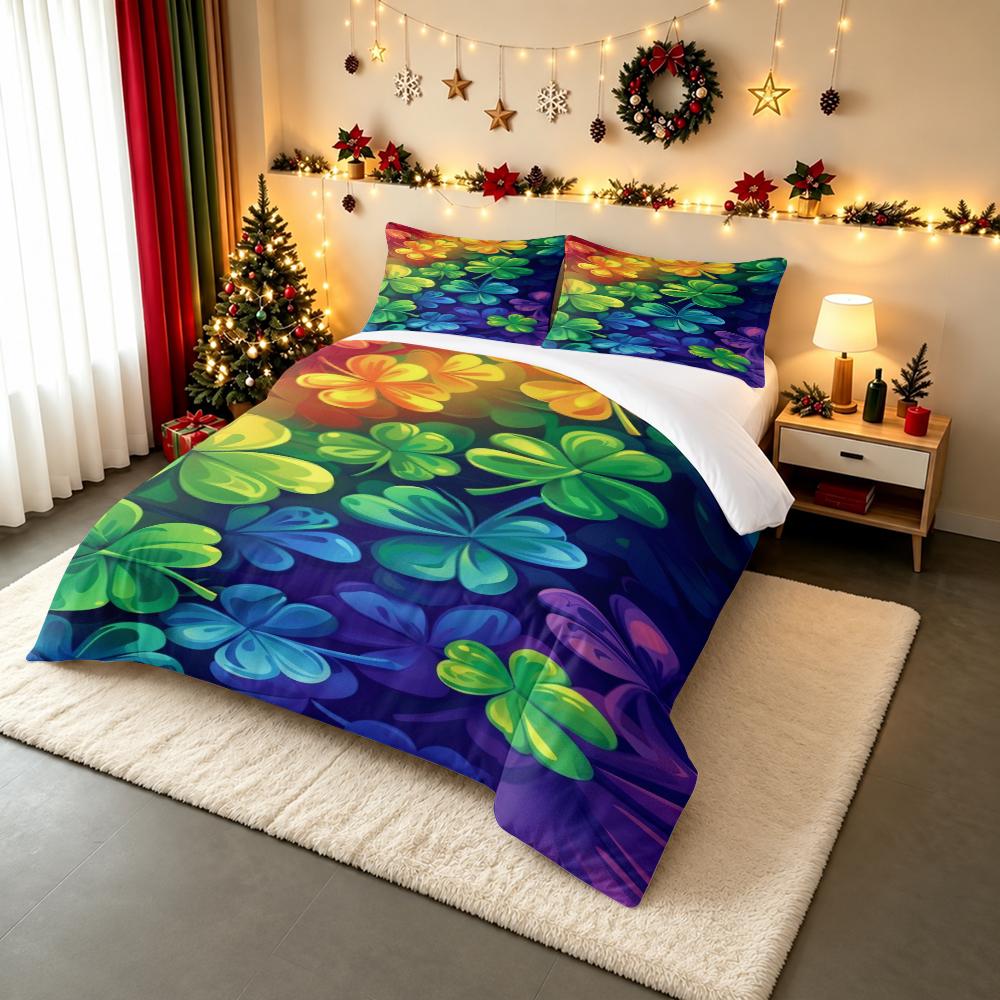 Rainbow Four Leaf Clover Bedding set (1 duvet cover, 2 pillowcases, duvet not included) for Living Room Dorm Decor, Colorful Shamrock St Patrick Print