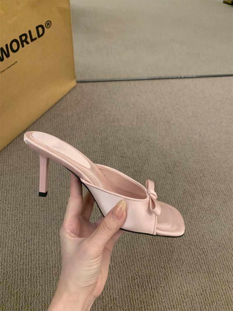 

Нишевые черные туфли на высоком каблуке с бантом, крутые шлепанцы, сказочные туфли, новая летняя мода 2025, уличные сандалии 37 розовый