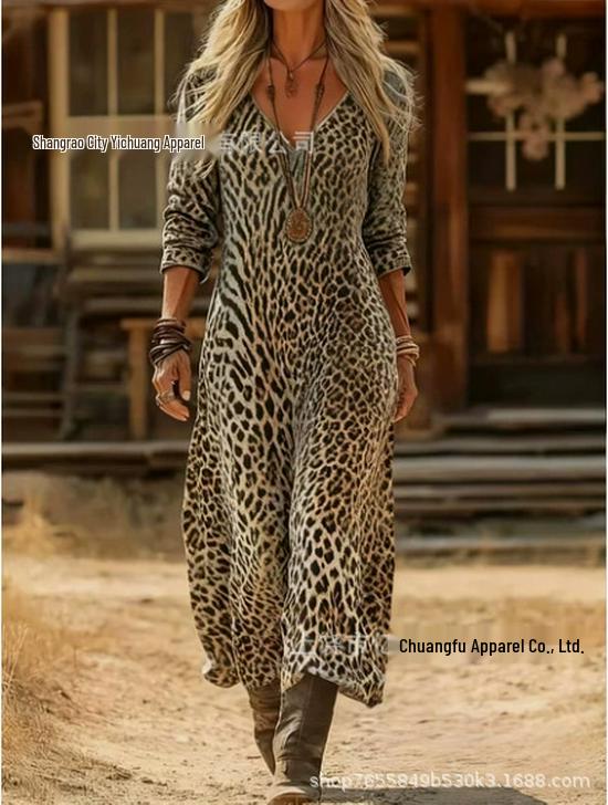 2026 Spring Retro V-neck Long-sleeved Plus Size Dress