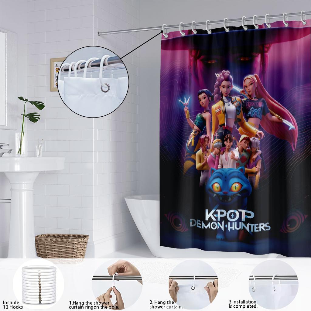 1pc K-Pop Demon Hunters print waterproof shower bathroom partition privacy hanging curtain with 12 hooks easy installation