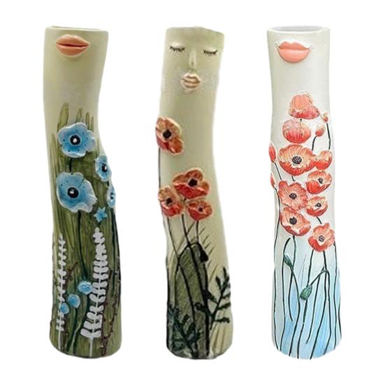 Handmade Face Bud Vase Bohemian Girls Face Ceramic Vase Cute Hand Painted Character Flower Plant Holder for Bathroom Living Room Shelf Home Decor
