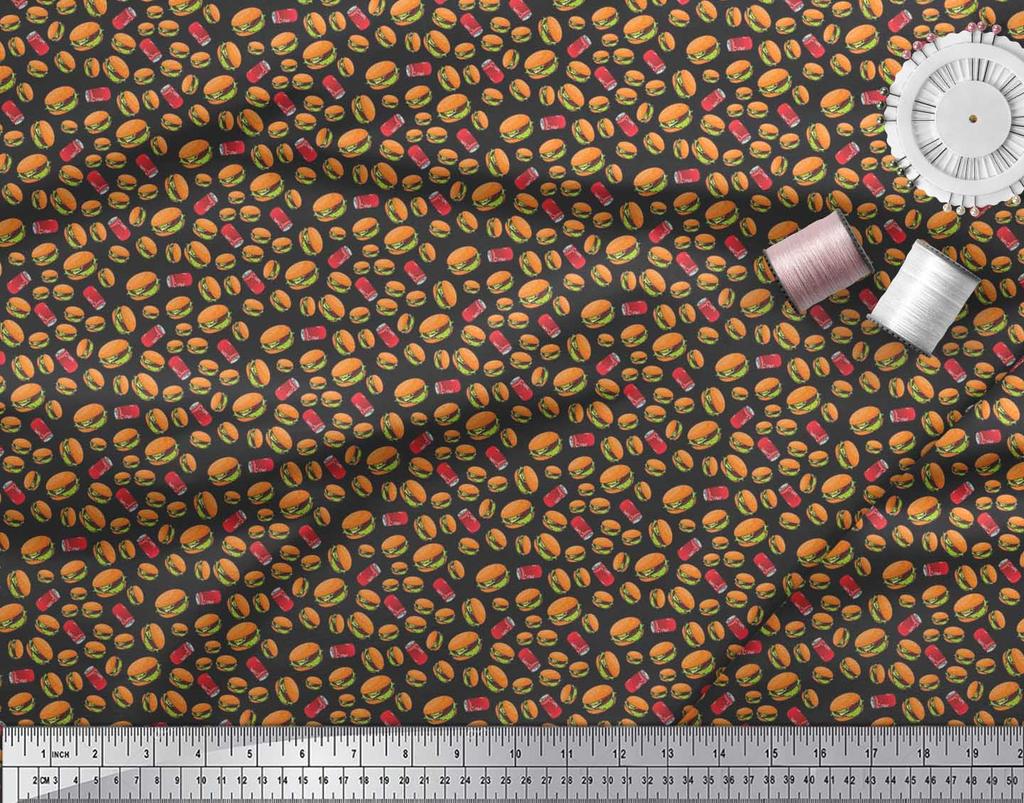 Soimoi Japan Crepe Satin Fabric Coke & Burger Food Printed Craft Fabric by the Metre 42 Inch