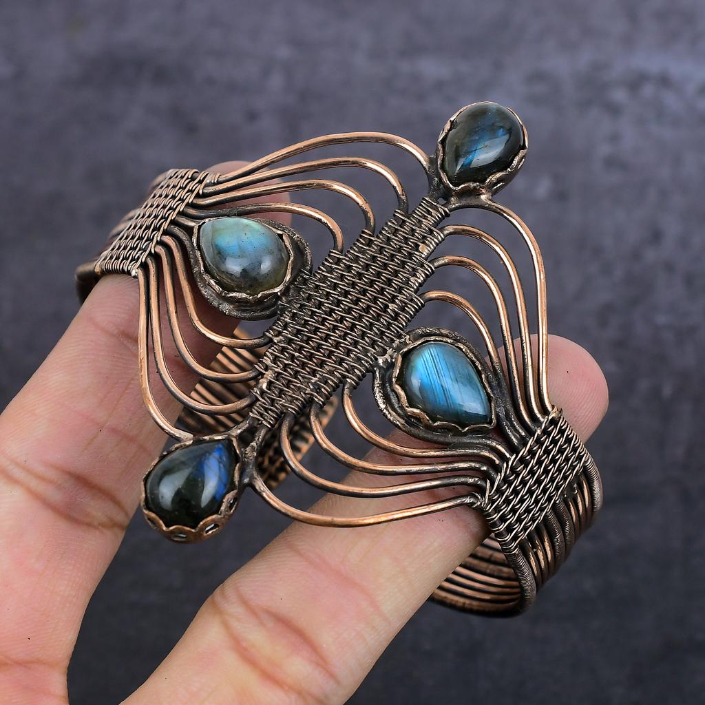 Natural Labradorite Gemstone Copper Wire Wrap Cuff Bangle Adjustable G7s09