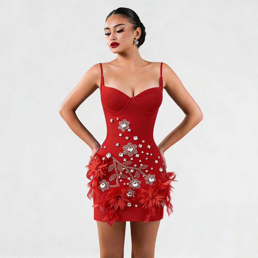 2026 Women's Rhinestone Feather Spaghetti Strap Bandage Mini Dress - Little Black Prom Party Dress