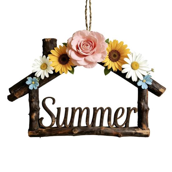 House Plate, Handmade Rustic Wall Door Sign, with Seasonal Flowers And Hemp Rope Lanyard, for Holiday Decoration