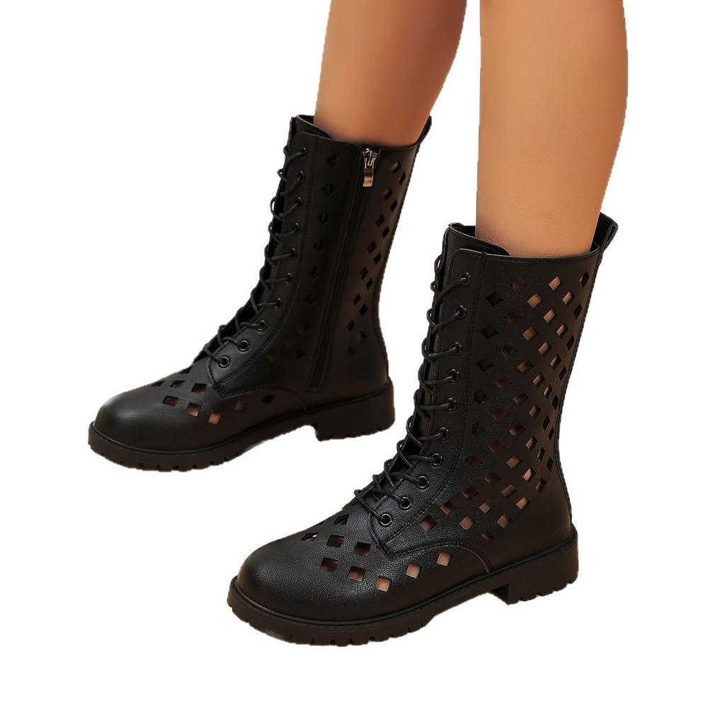 Fashion 2025 Spring New Cool Boots Women's Round Head Hollow Front Lacing Side Zipper Soft Sole Anti-slip Wear-resistant Low Heel Shoes