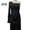 Abendkleid für Damen, eine Schulter, ärmellos, geteilter Saum, einfarbig, schmale Taille, plissiert, einfarbig, schulterfrei, Abschlussball, Cocktailparty, Maxikleid, Ballkleid