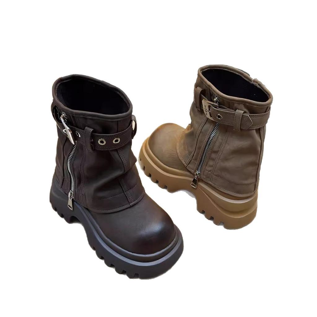 Thick-soled Martin boots women's 2025 new British style heightening short boots spring and autumn single boots retro stacking boots pants tube boots