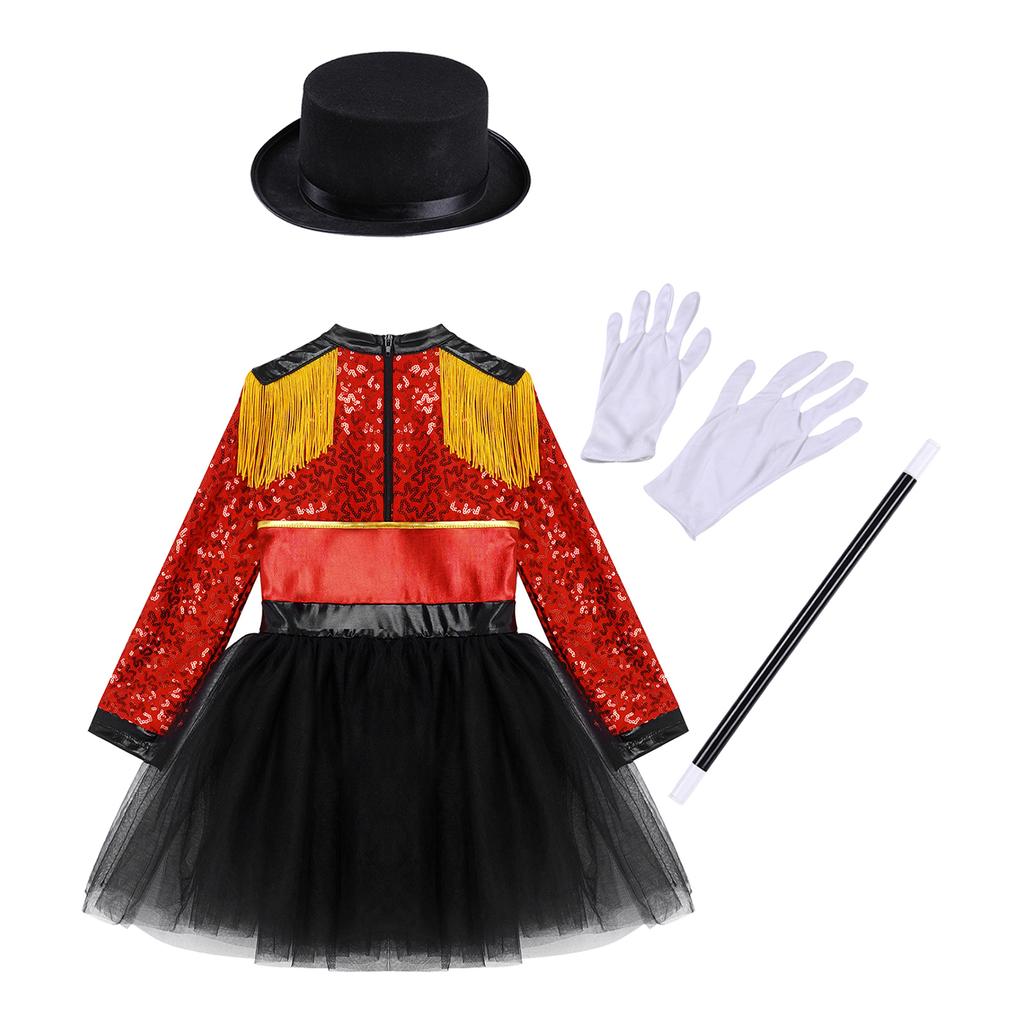 Girls Circus Tutu Leotard Dress Long Sleeve Sequin Tassel Shoulder Back Zipper Costume Set Hat Magic Wand