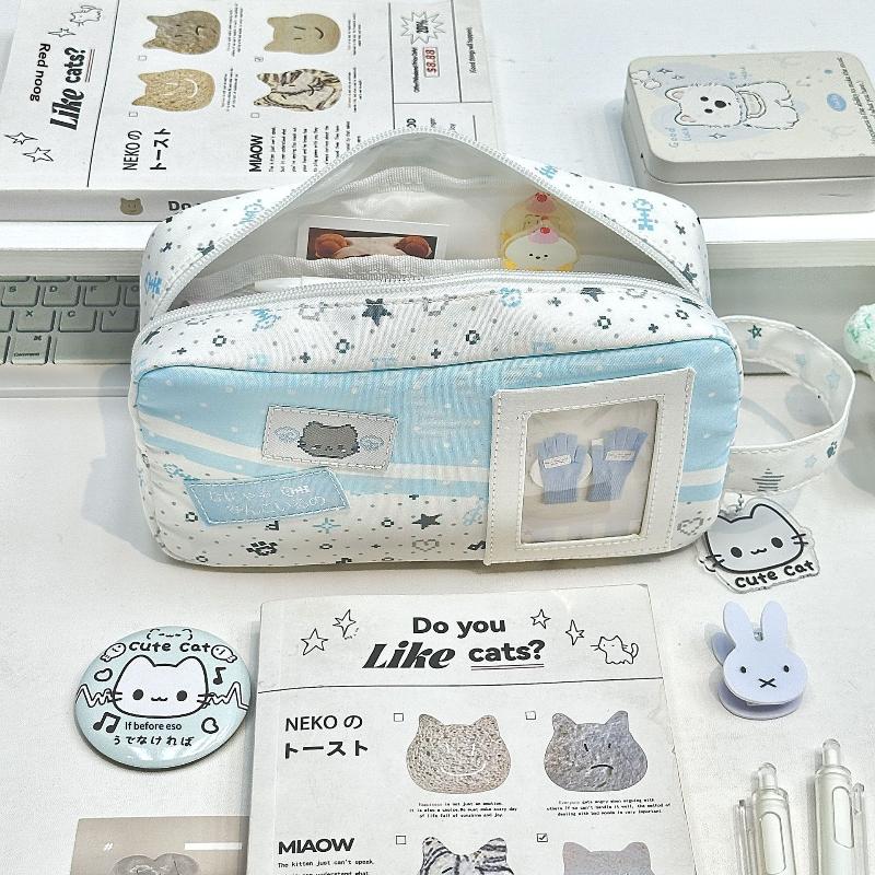 Portable Large Capacity Pencil Case Blue Polka Dot Cute Cat Print Stationery Organizer for Students Travel Use