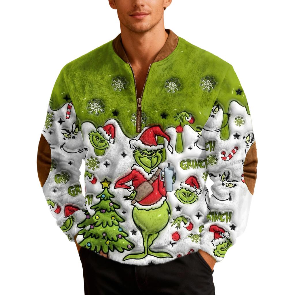 Mens Christmas Zip Up Sweatshirts Xmas Stand Collar Pullover Tops