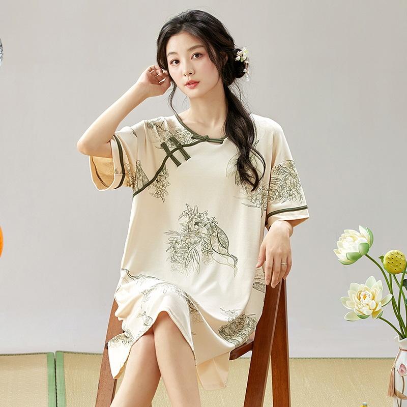 Summer Large Size Vintage Printed Night Dress Women Short Sleeve Cotton Sleep Shirt Loose Ladies Nightwear Nightgowns