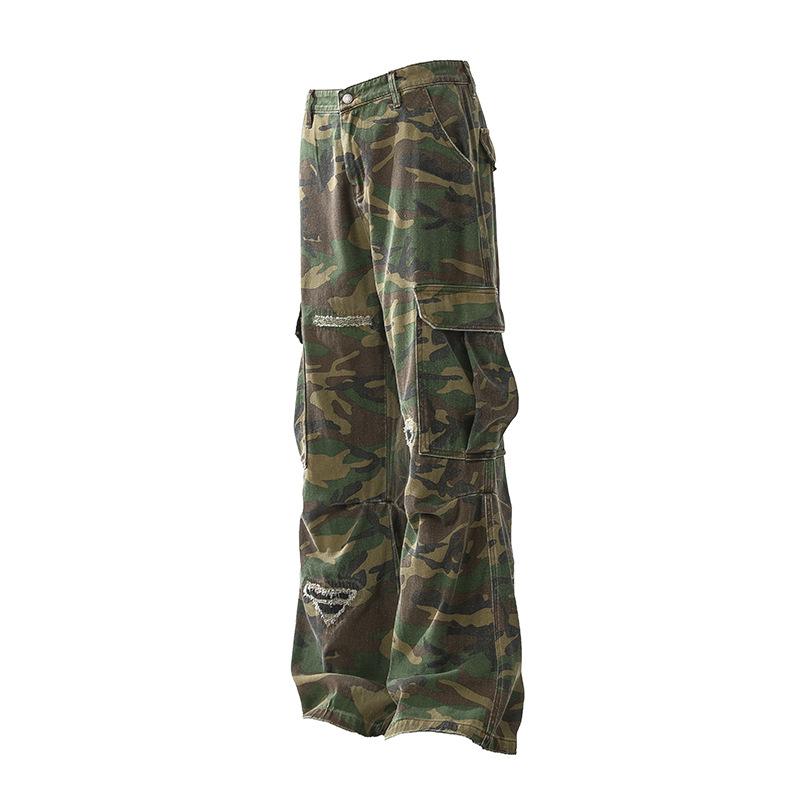American retro men's and women's tooling camouflage pants hip-hop street big pockets washed ripped casual versatile pants