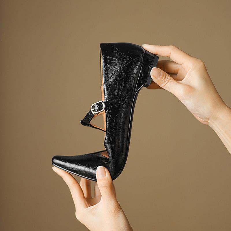 Fashion NEW Spring/Autumn Women Pumps Pointed Toe Low Heel Shoes Split Leather Shoes for Women Concise Shallow T-Strap Mary Janes Shoes