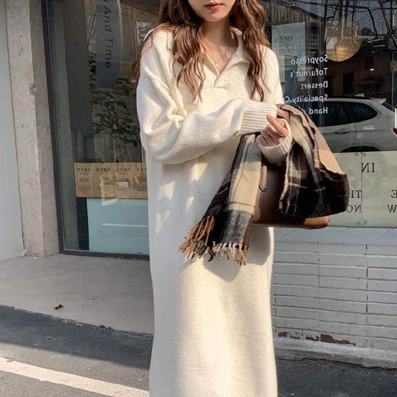 LYRIA Solid Color Polo Neck Turtleneck Dress, New Autumn and Winter Style, Suitable for Overcoats, Long Knee-length Loose Thick Knitted Sweater Dress.