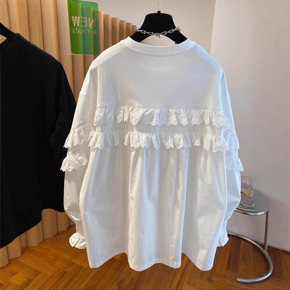 French super fairy lace fungus edge splicing T-shirt women's long sleeves 1116 new loose casual beautiful crew neck top
