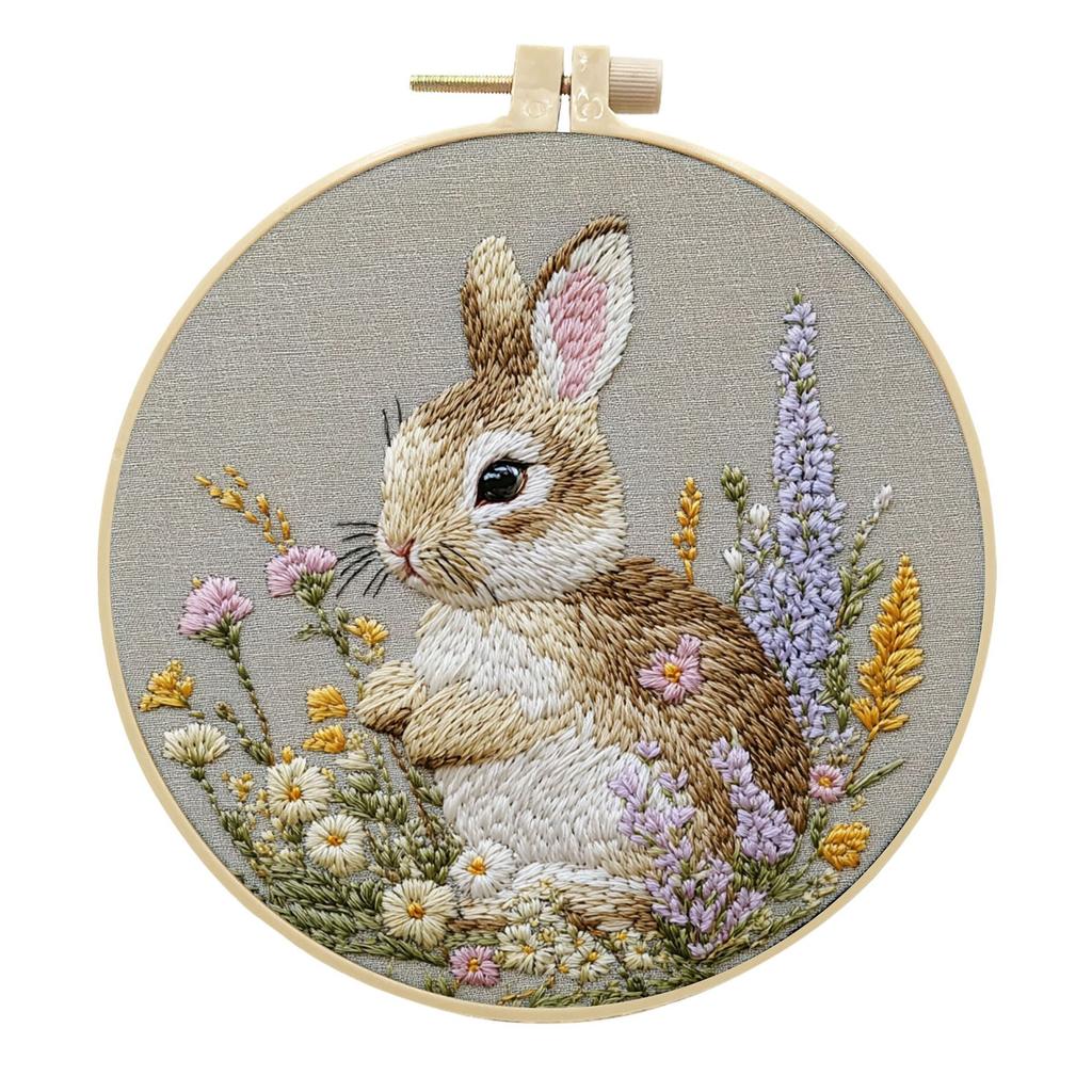 1pc Rabbit and Flower Pattern Embroidery DIY Fabric Craft Set with Tools