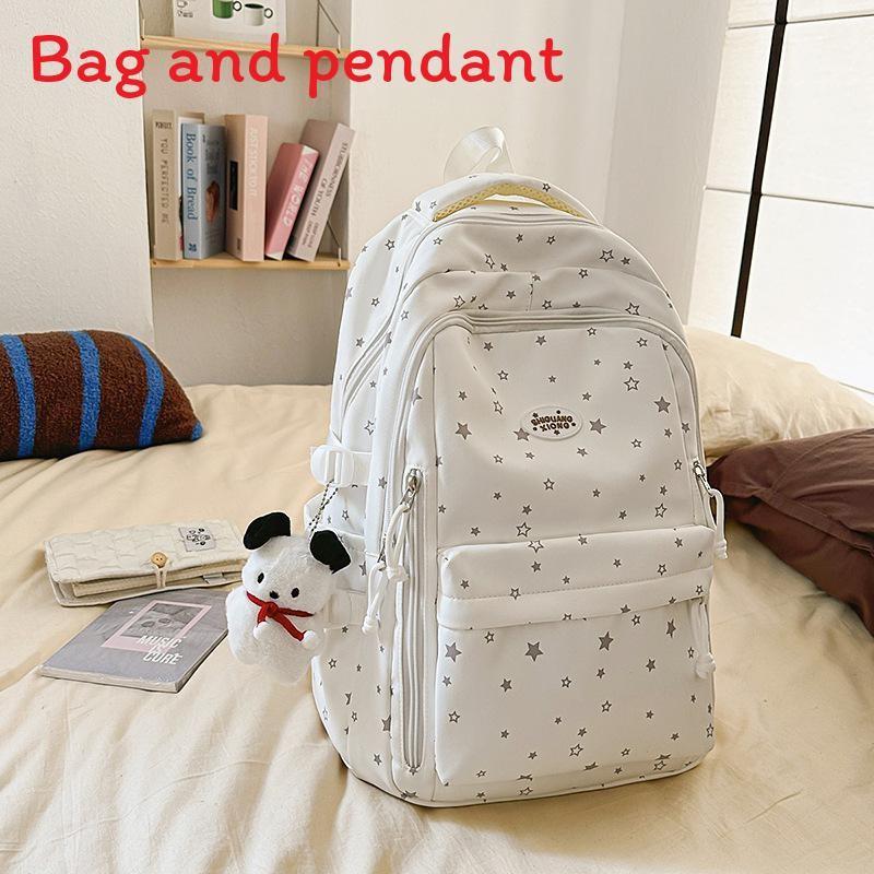 Star Pattern Simple Student Backpack With Plush Pendant For Casual Daily