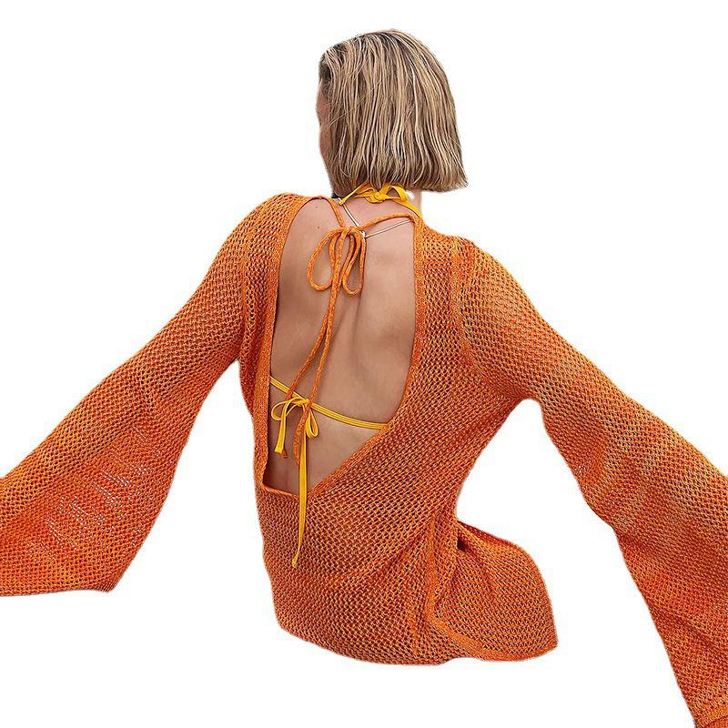 Knit Backless Beach Cover-up: European & American Style Pullover Bikini Outerwear