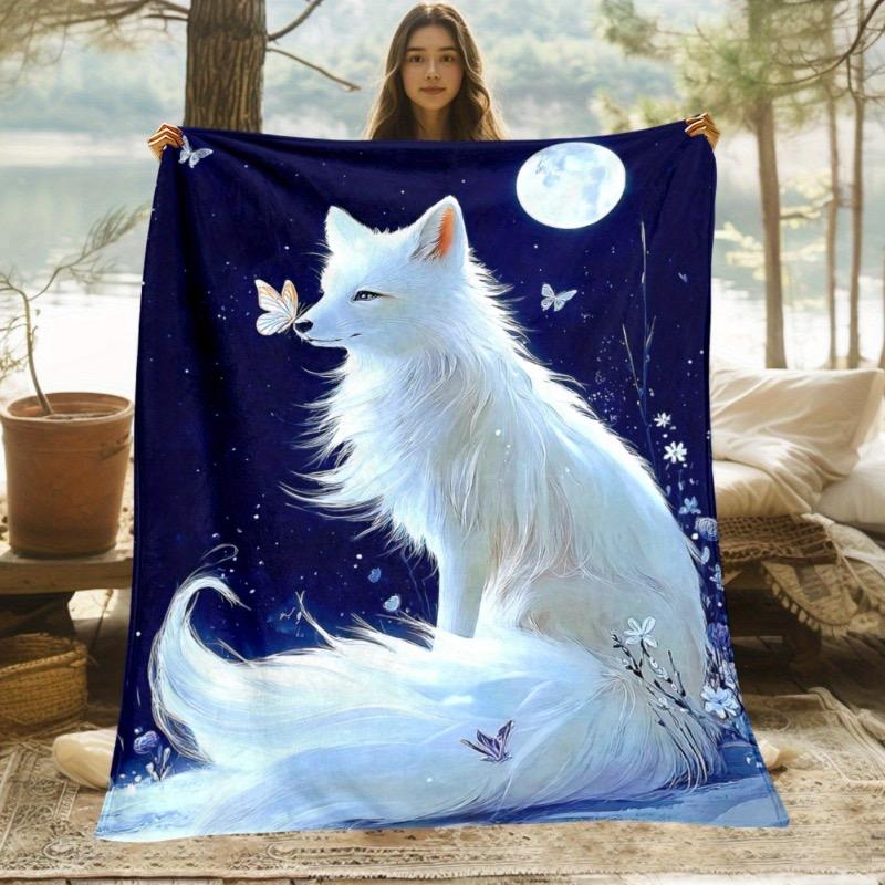 1pc White Fox Under Moon Blanket-Luxurious Flannel Soft Lightweight All-Season Throw with White Fox & Snowflake Night Sky Print