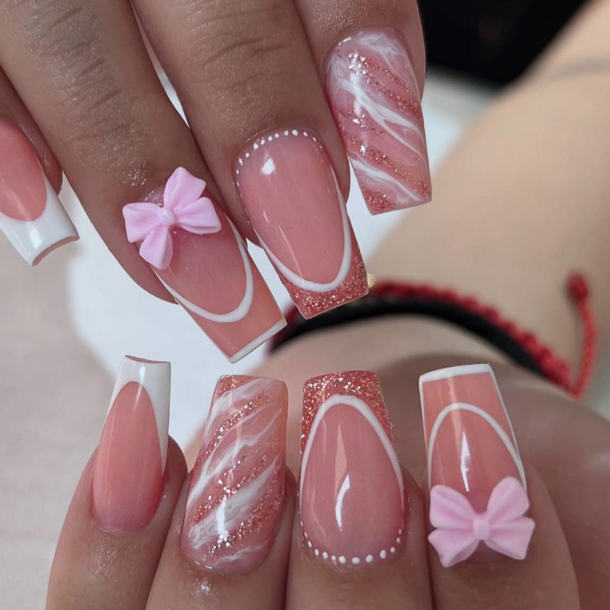 

Pink Bow French Edge Removable Wearable False Nails