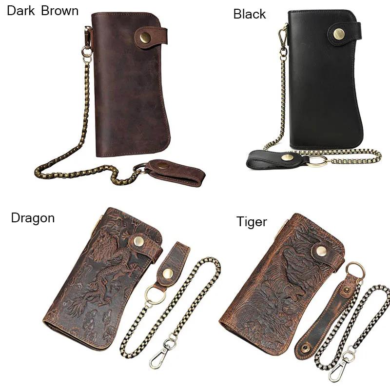 Men's Genuine Leather Wallet Chain Snap Bifold Purse Crazy Horse Leather Card Case Phone Card Holder Clutch Dragon Wallet