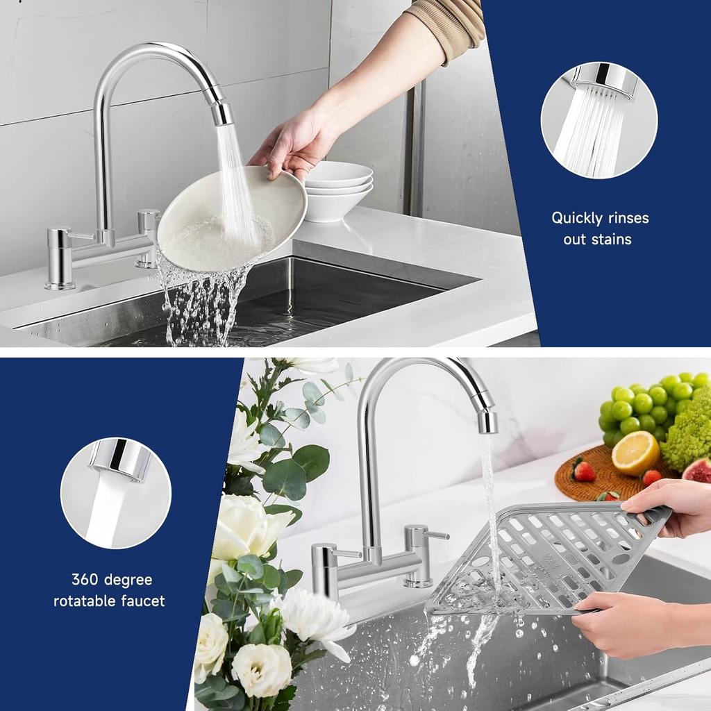 Kitchen Bridge Mixer Taps with 360° Swivel Spout, 2 Hole Sink Mixer Taps Dual Levers Faucet, 180 Mm Centers Deck Mounted Chrome Sink Tap 2 Function