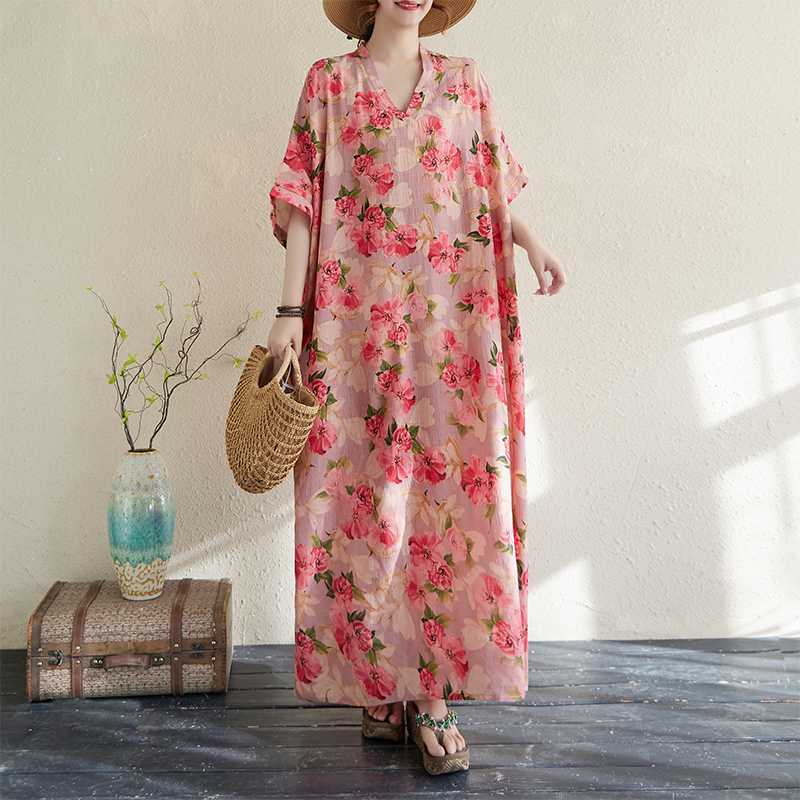Summer Color Travel V-neck Retro Long Skirt Cotton Linen Dress