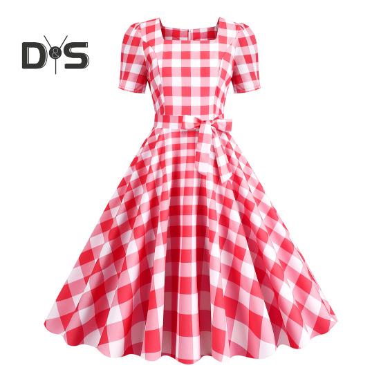 

Женское винтажное клетчатое платье с квадратным воротником и короткими рукавами, платье-миди с высокой талией и бантом, свободное платье А-силуэта L красный